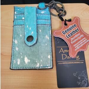 Hair-On Cowhide Card Holder Western Wallet Keyring Turquoise Metallic Silver